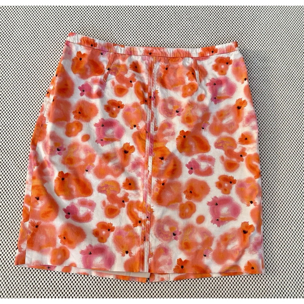 Ann Taylor Floral Midi Skirt Women Sz 14 Orange Pink Vibrant Career Casual Lined